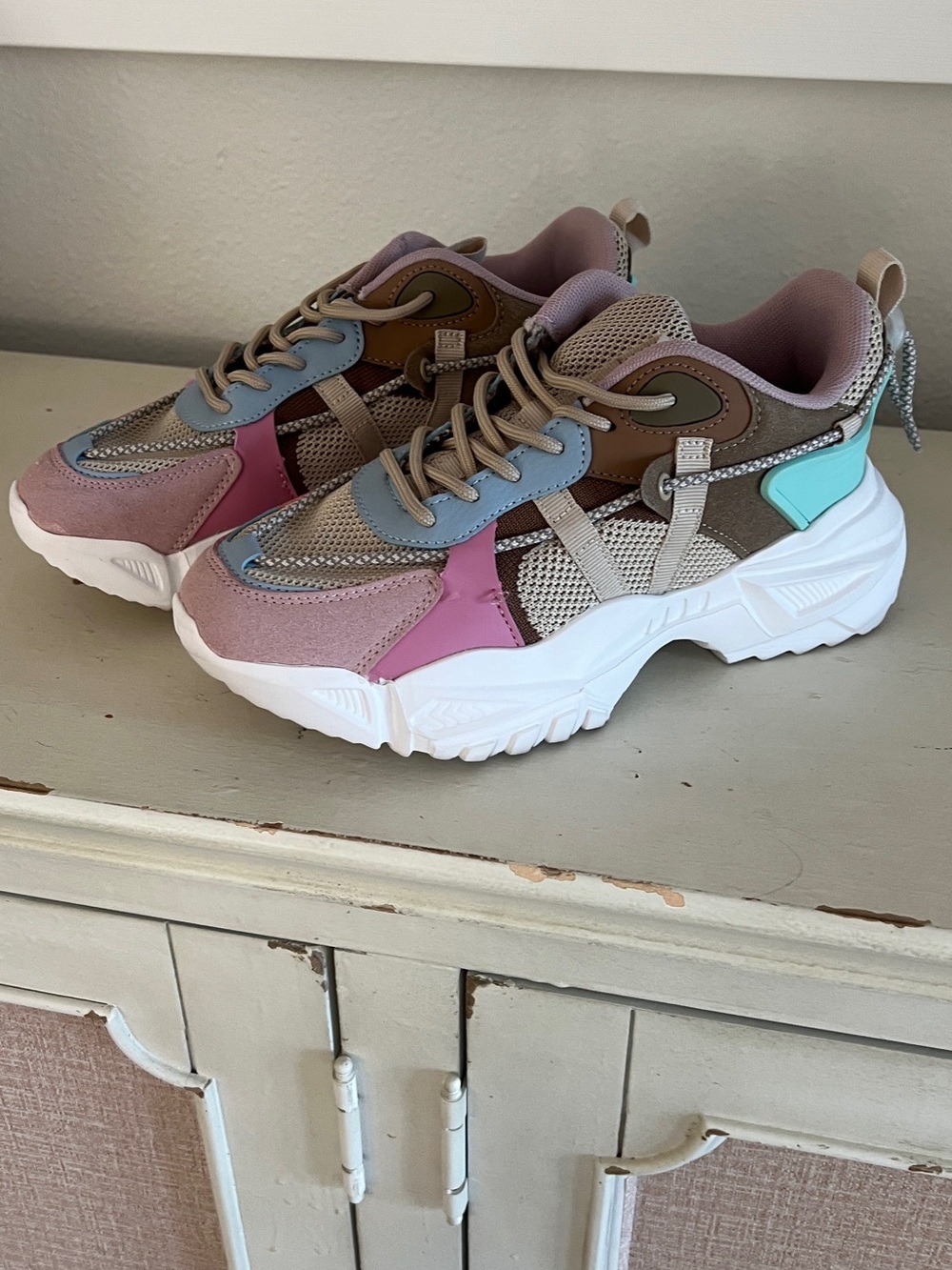 Chunky Mixed-Material Women’s Sneakers - Pink Multi